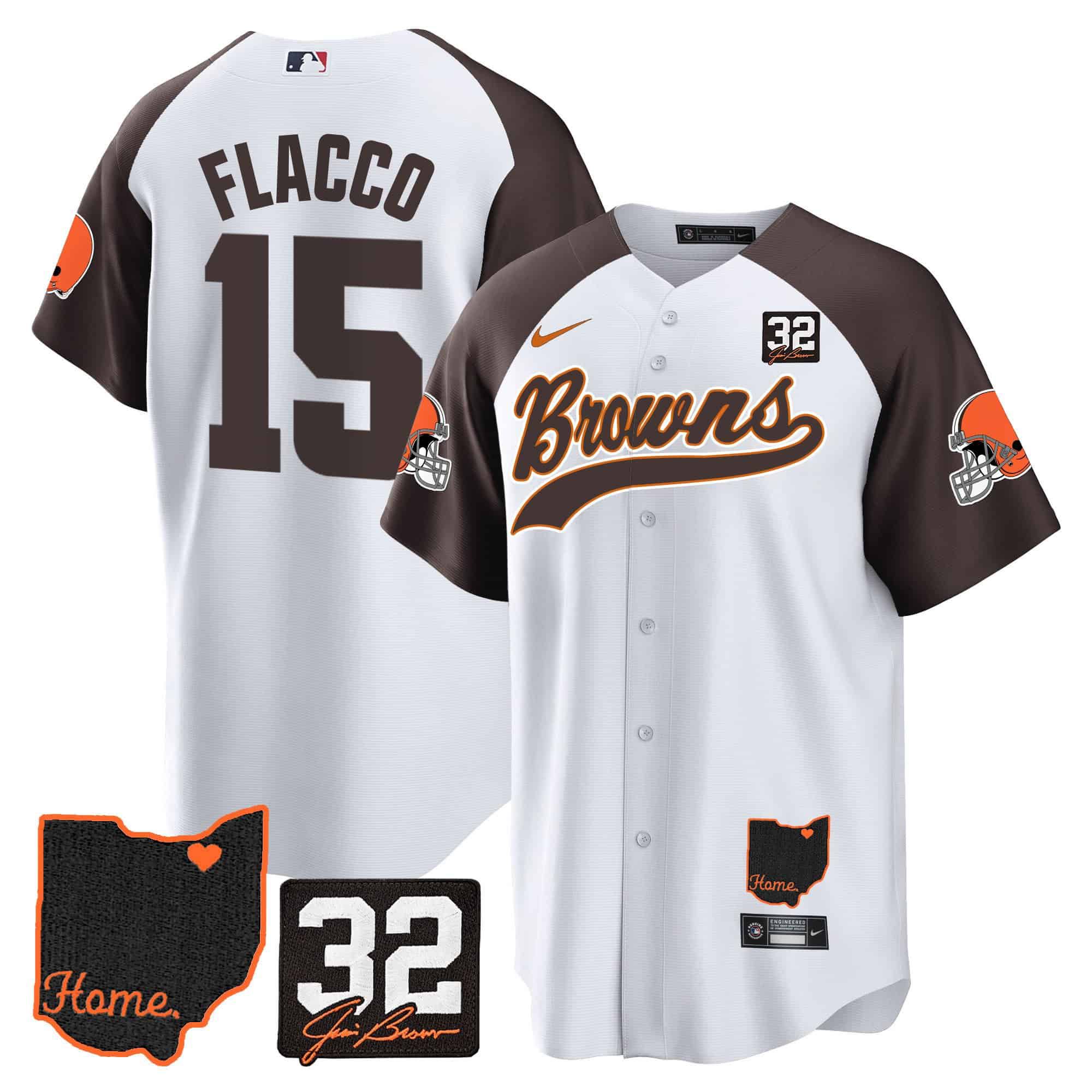 Men Cleveland Browns #15 Flacco White Memorial Home Patch Baseball 2024 Nike NFL Jersey style 1